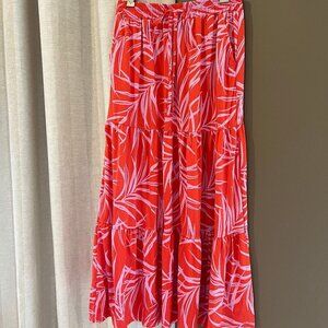 Robert Louis Tiered Red & Pink Maxi Skirt with palm design, Size Small